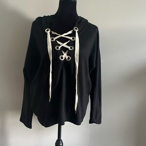 Essue Black Pullover Hoodie with Lace Up Detail